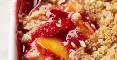 Delicious strawberry peach crisp dessert with golden crumble topping