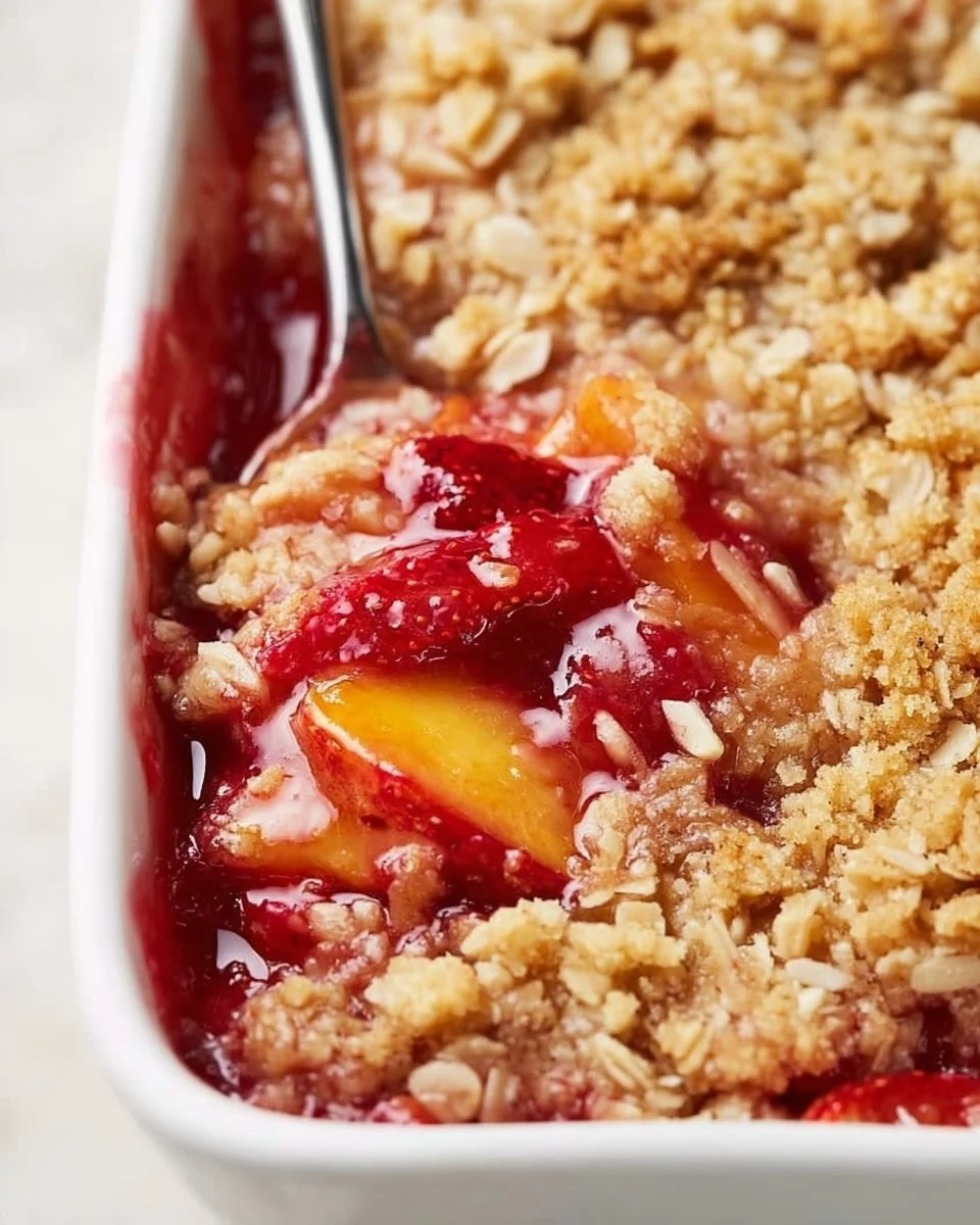 Delicious strawberry peach crisp dessert with golden crumble topping