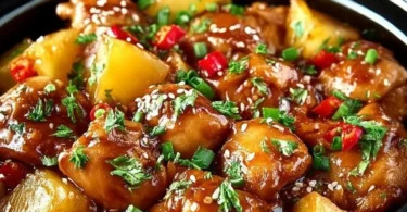 Sweet Hawaiian Crockpot Chicken in a bowl garnished with pineapple and green onions.
