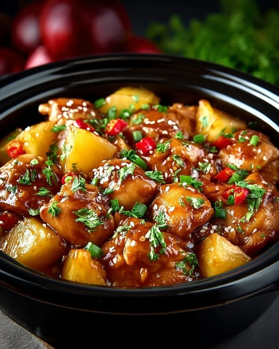 Sweet Hawaiian Crockpot Chicken in a bowl garnished with pineapple and green onions.