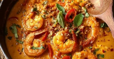 A delicious bowl of Thai coconut shrimp curry garnished with fresh herbs.