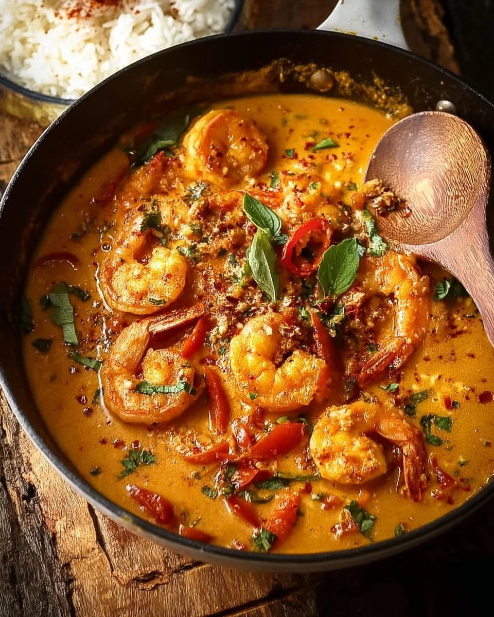 A delicious bowl of Thai coconut shrimp curry garnished with fresh herbs.