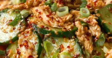 Delicious Thai cucumber salad with chicken, garnished and ready to serve.