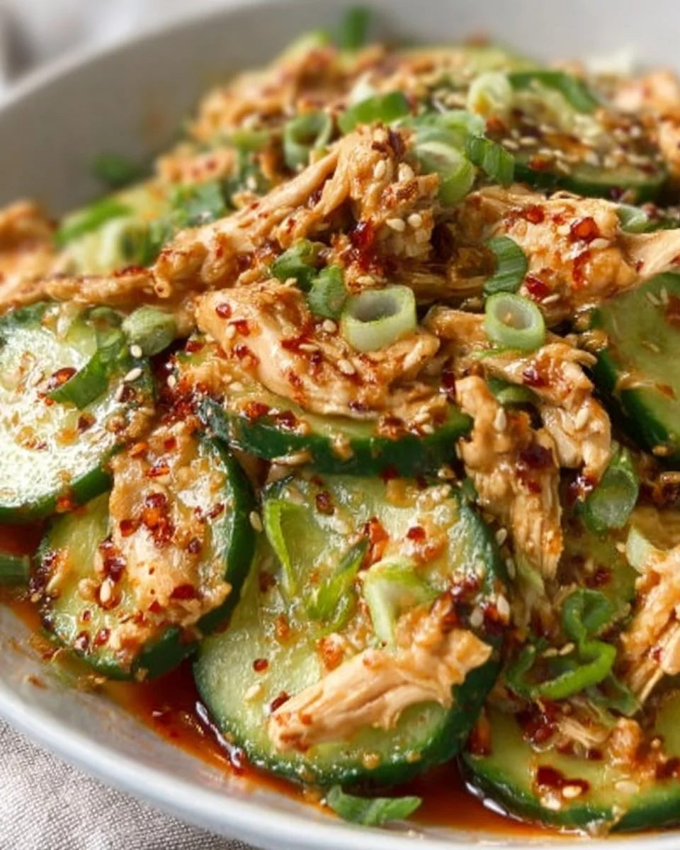 Delicious Thai cucumber salad with chicken, garnished and ready to serve.