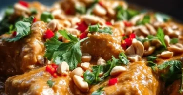 A bowl of Thai Peanut Chicken cooked in a crockpot, garnished with fresh herbs.