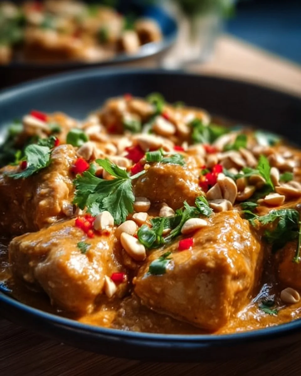 A bowl of Thai Peanut Chicken cooked in a crockpot, garnished with fresh herbs.